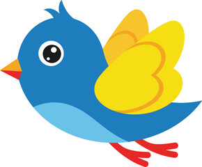 Cartoon bird with blue body, yellow heart-shaped wings, orange-tipped beak flying in cheerful and colorful animated nature scene