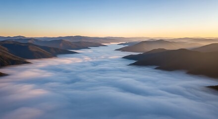 Aerial View of Foggy Valley at Sunrise.