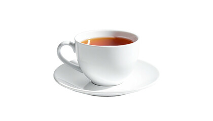 Cup of tea, white ceramic, saucer, warm drink against black
