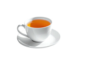 Tea in white cup on saucer. Black background with light