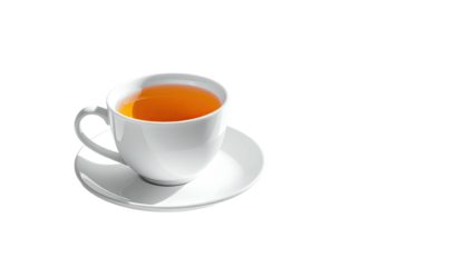 Tea in white cup on saucer. Black background with light