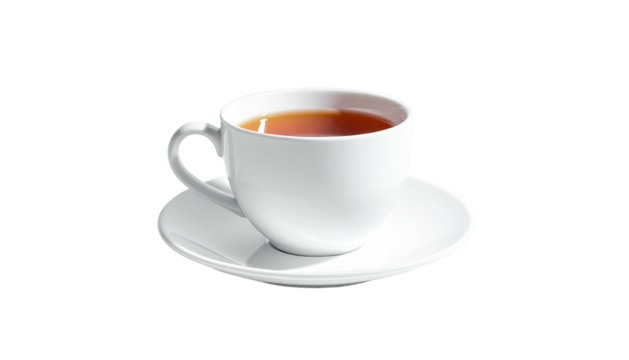 Cup of tea, white ceramic, saucer, warm drink against black