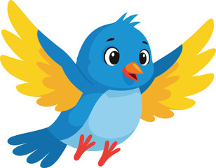 Cartoon blue bird flying with open beak, cheerful animal illustration, colorful feathers, cute vector art, isolated white background, expressive design