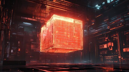Glowing cube processing data in futuristic server room