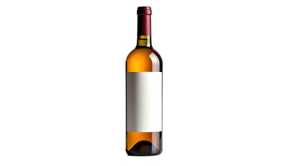 Amber-colored wine bottle with blank white label on black backdrop