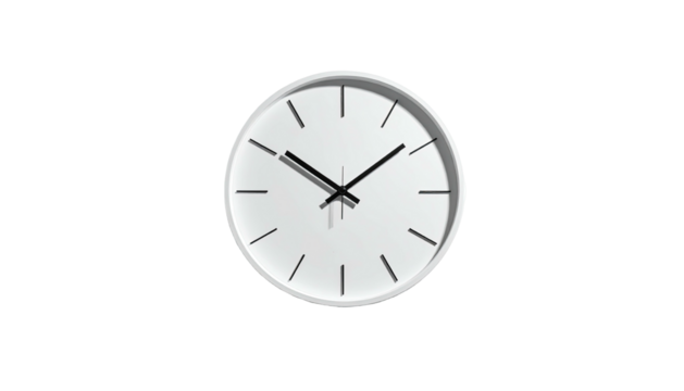 Simple white wall clock showing ten-ten on a black background