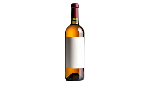 Amber-colored wine bottle with blank white label on black backdrop