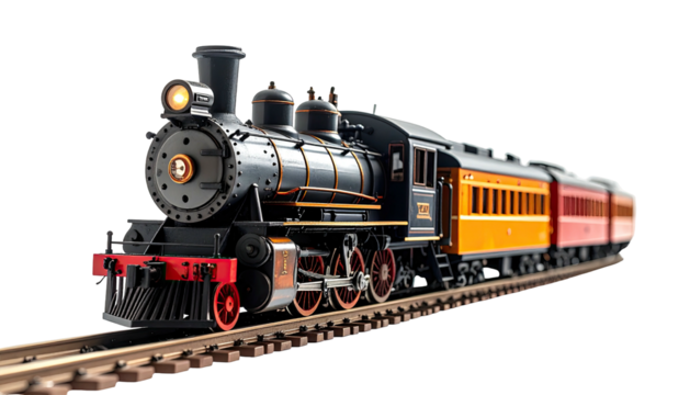 Classic steam train with passenger cars on railroad tracks