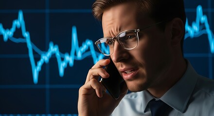 Concerned businessman on the phone with a stock market graph in the background