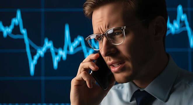 Concerned businessman on the phone with a stock market graph in the background - Powered by Adobe