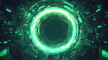 Green digital light ring creating abstract tunnel background