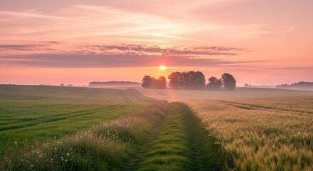 Sunrise over a tranquil rural landscape with misty fields and distant trees.