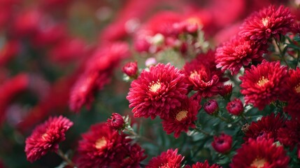 A close up of a bunch of red flowers with yellow centers