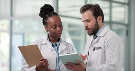 Meeting, healthcare and doctors on tablet in hospital for diagnosis, consulting and advice. Collaboration, talking and man with woman on tech for patient report, medical research and planning surgery - Powered by Adobe