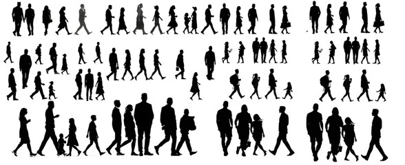 Walking People Silhouettes Set – Crowd, Pedestrian, Business and Family Figures, Walking People Silhouettes Set, Pedestrian Silhouette Figures Pack. Voctor illustration 

