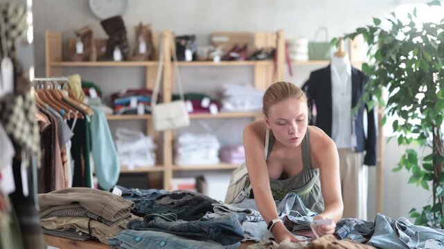 Woman chooses pants, jeans and shorts with interest while standing in a clothing store. Buyer chooses high-quality branded items in a European store