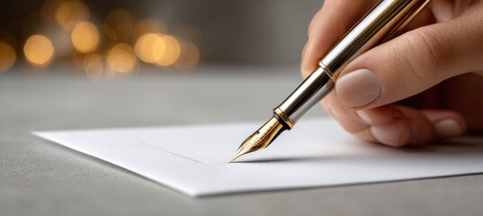 Woman writing christmas card with golden fountain pen