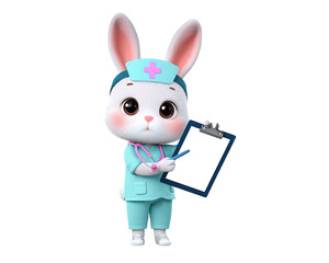 Cute cartoon rabbit nurse with clipboard.