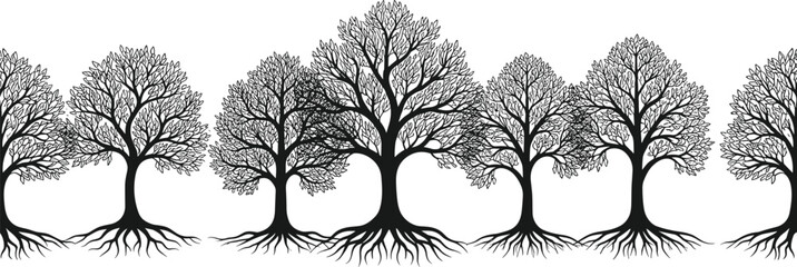 Stylized row of trees with exposed roots forming natural pattern, detailed botanical silhouette illustration showing organic branching structure and forest symmetry