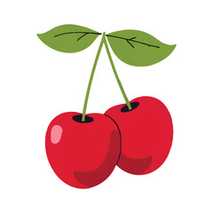 Two ripe, red acerola cherries with vibrant green leaves on a slender branch, illustrated with dynamic juice splatters, highlighting fresh tropical fruit.