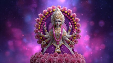 Vibrant idol of goddess durga with floral garland