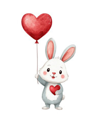 Cute rabbit holding a red heart balloon.