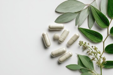 White Herbal Capsules  Green Leaves - Natural Wellness, Clean Aesthetic.