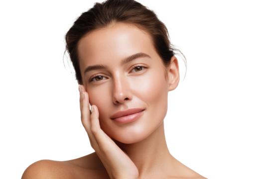 Transparent PNG Close-Up of a Radiant Eurasian Woman Gently Touching Her Cheek with a Calm Serene Expression
