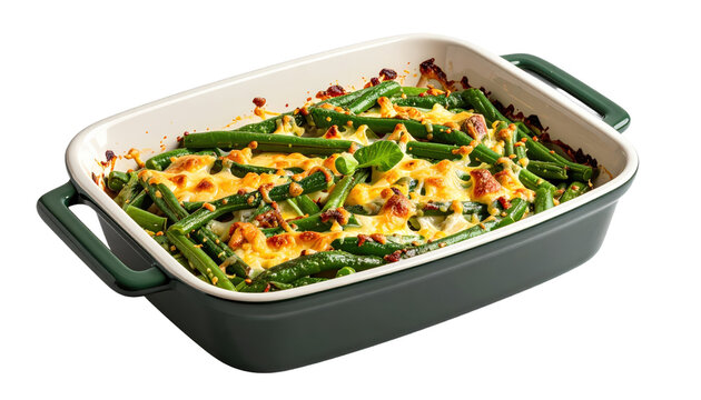 Delicious Green Bean Casserole with Melted Cheese and Crispy Toppings in a Baking Dish