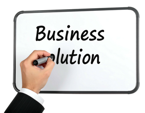 Close-up of a whiteboard with handwritten text "Business solution", a suited hand holding a black marker. Isolated
