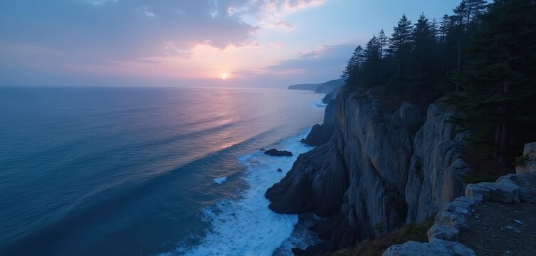 Ocean waves crash against rugged cliffs at twilight. Pine trees top the cliff edge. Soft pink and blue hues paint the sky. Calm water reflects sunset light.