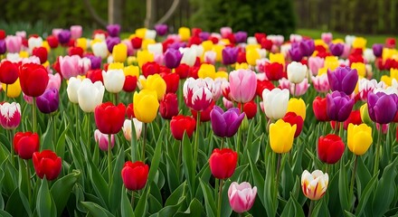 Vibrant Field of Multicolored Tulips Blooming in a Spring Garden.