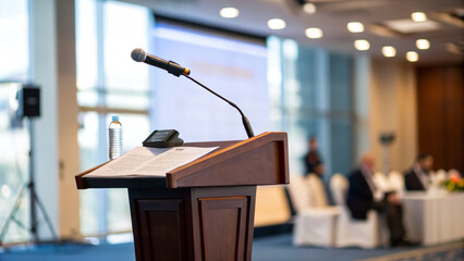 Blurred background of a speaker's podium at a professional conference