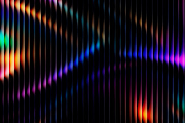 Abstract colorful background with vertical 3D panels. Blurred neon light effect with orange, blue, and purple gradient spots behind a black striped texture.