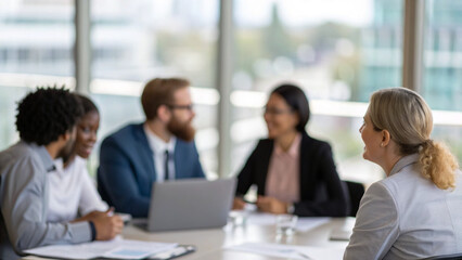 Blurred diverse business people meet in conference room. Corporate team sitting at table at seminar, discussing financial strategy, marketing plans. Blurred office interior