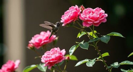 Fototapeta premium Hummingbird and Roses: A hummingbird, a blur of motion, delicately sips nectar from vibrant pink roses. Witness the dance of life as this tiny creature finds sustenance within a floral embrace.