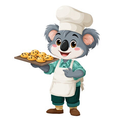 Koala chef holding cookies on a tray.