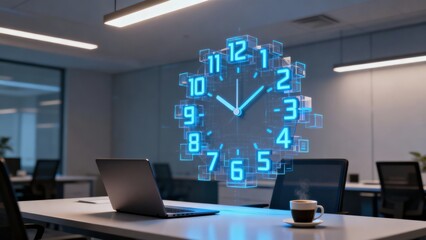 Futuristic clock display in a modern office setting.