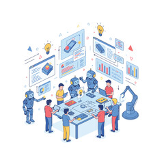 Humans and Robots Collaborating on a Project in a Modern Office Setting