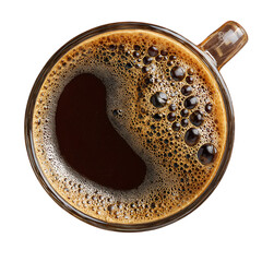 Top view of a freshly brewed coffee in a glass cup with rich foam and intense aroma on a black backdrop perfect for a morning boost