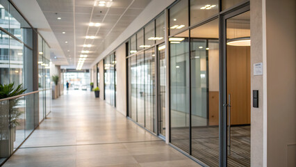 Blurred office hallway with glass walls and neutral colors creates a sense of space. Professional photos for backgrounds for text, banners, posters, and web displays