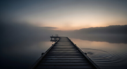 A serene morning lake landscape featuring a wooden pier leading into the mist,Mysterious lake scenery with a pier extending into tranquil waters under a foggy dawn