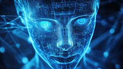 Artificial intelligence robot face with blue glowing eyes