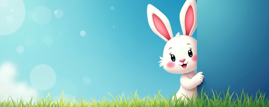 Bunny cartoon illustration hides behind wall. Cute rabbit stands at grass on blue sky backdrop. Suitable for greeting card design, easter commercial, invitation poster. Springtime season begins.