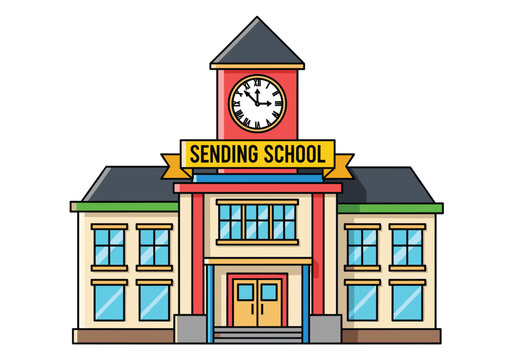 Cartoon school building with red roof and clock tower labeled “Sending School,” classic educational structure for learning and academic themes