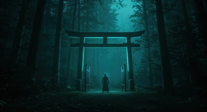 Mystical Gateway: A lone figure approaches a glowing traditional gate standing sentinel within a primeval forest, a scene of mystery and ancient allure.
