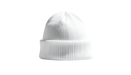 Simple, white ribbed beanie cap on a stark black background