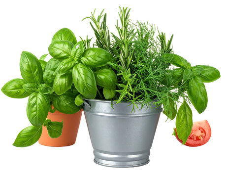 Close-up of fresh herbs in terracotta and metal containers with a slice of tomato. Features bright green foliage