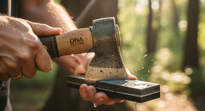 The Art of Sharpening an Axe: Close-up of a Craftsman Honing His Tool with Precision,Maintaining the Blade: A detailed look at the sharpening process for a DNA Artisan axe in a natural setting