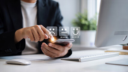 Give us your feedback now! Professional using smartphone to rate experience, providing valuable customer insights for business improvement